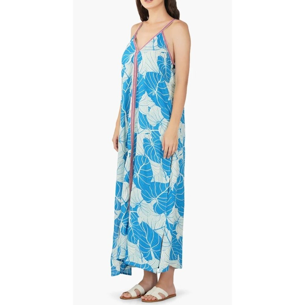 America & Beyond Tropical Blue Maxi Dress Large Leafs Print